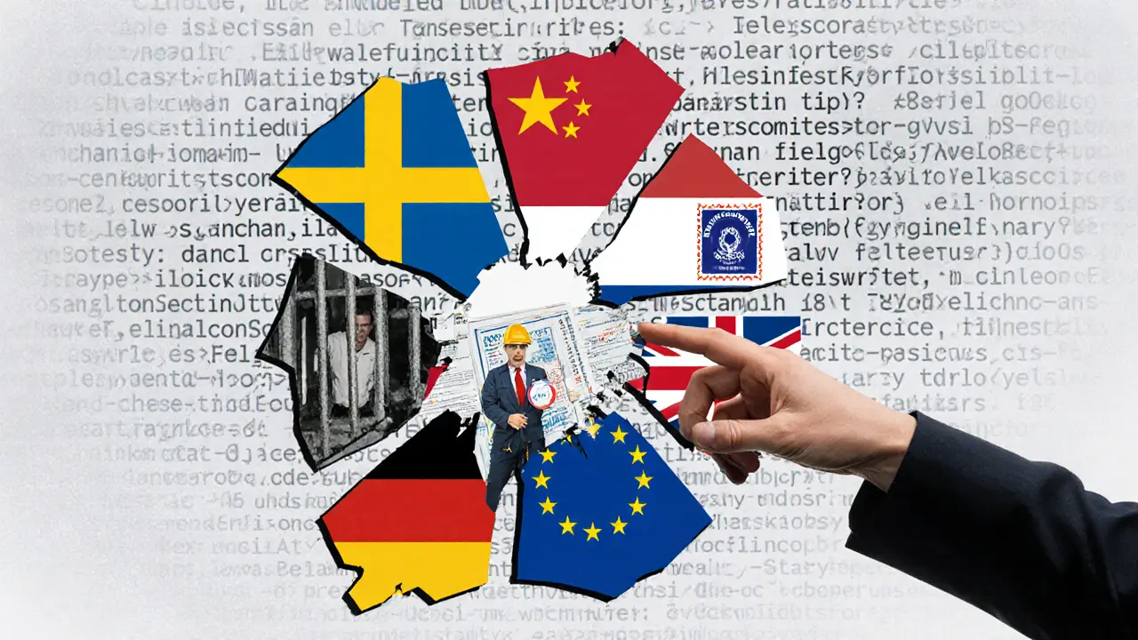 A shattered mirror reflects different European legal consequences for sex work, with one shard showing a worker holding a union badge.