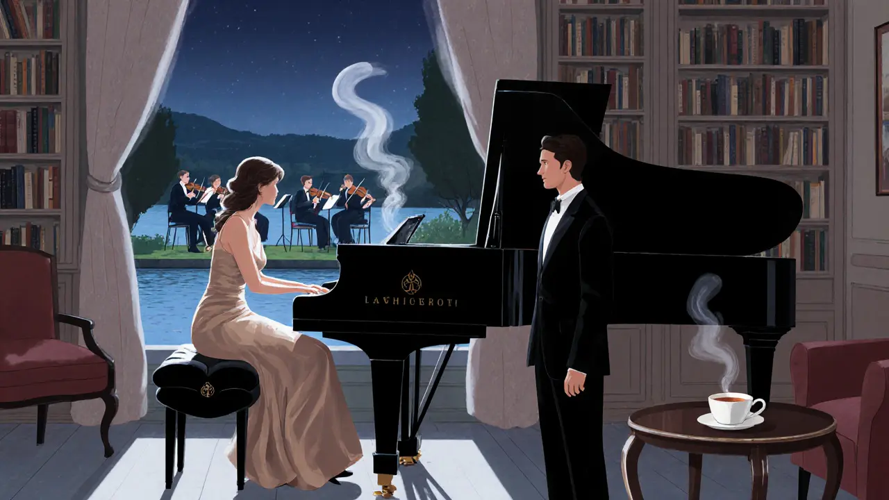 A woman playing piano at a lakeside villa, with a quiet listener and string quartet in the garden.