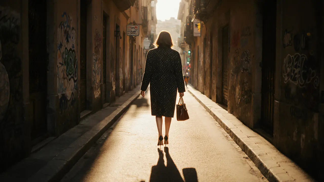 A woman walking through a sunlit alley in Barcelona, wearing vintage Chanel and designer heels.