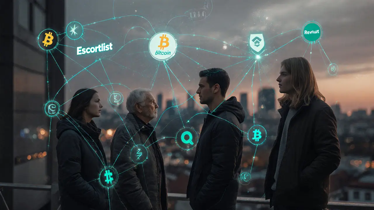 Abstract digital connections linking diverse individuals to online sex work platforms in a cityscape at dusk.