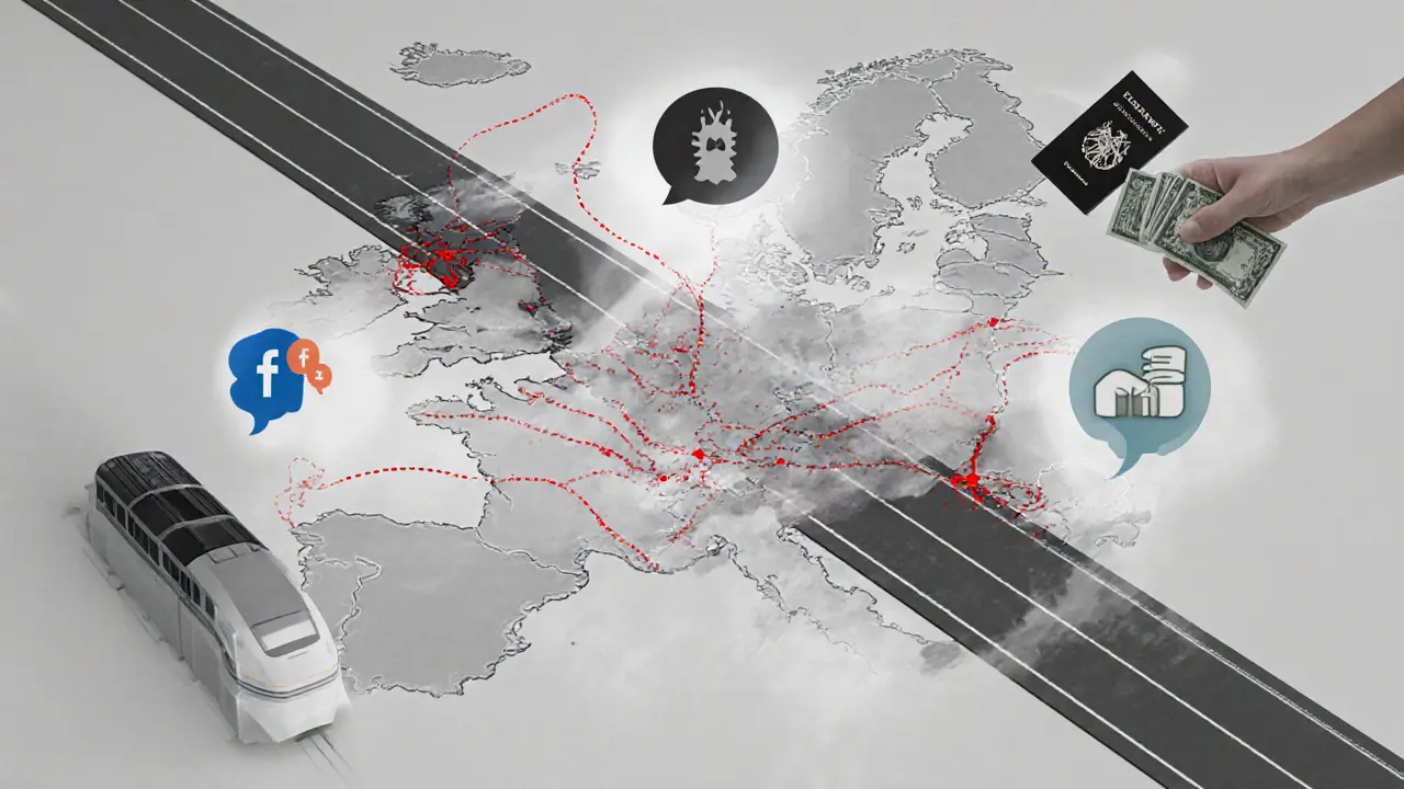 Artistic European map collage showing routes from Eastern Europe to Western hubs and secretive trafficking symbols.