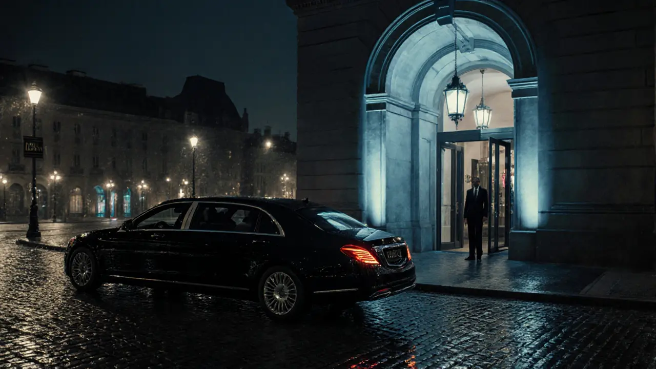 Black limousine arrives at hotel’s private back entrance under subtle night lighting.
