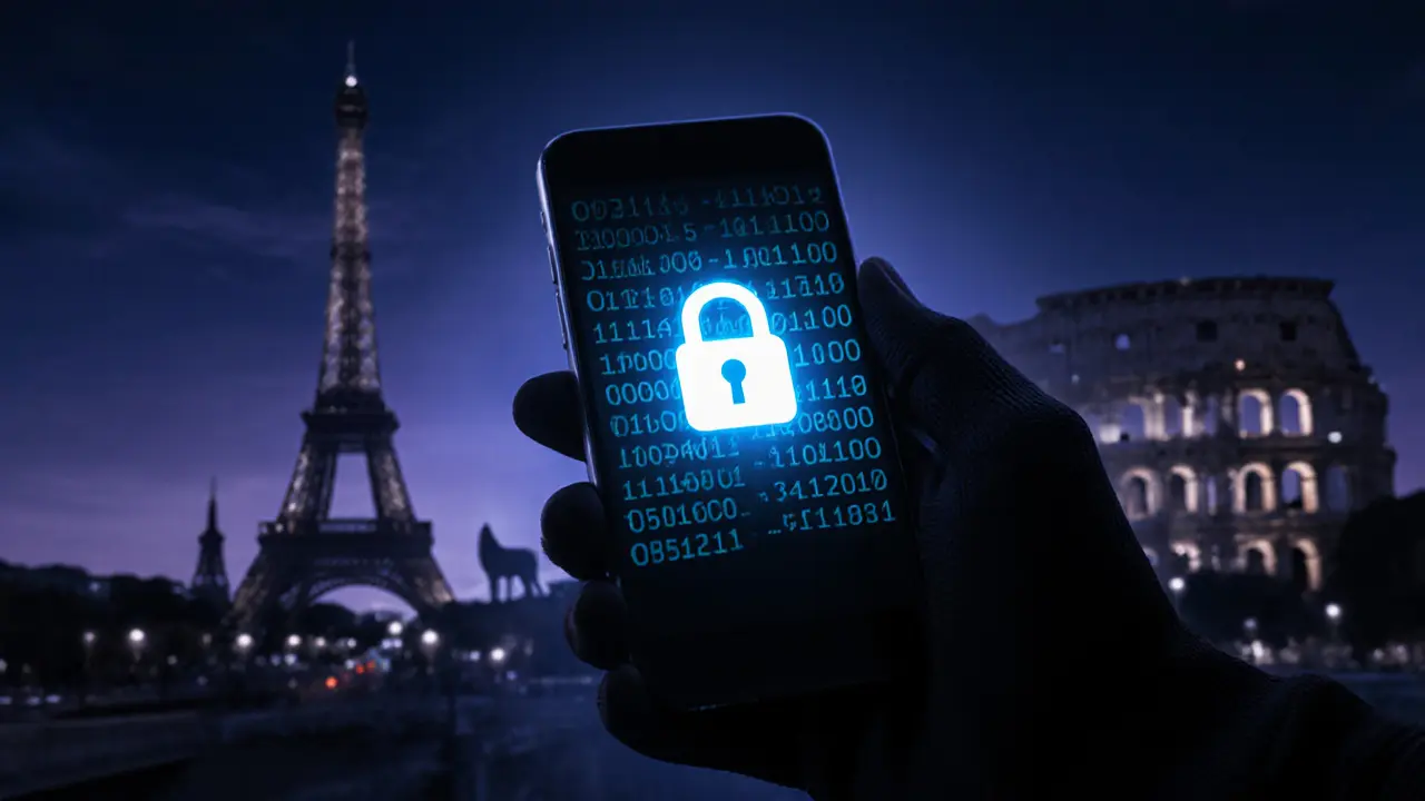 Close‑up of a smartphone displaying a glowing padlock icon for secure payment.