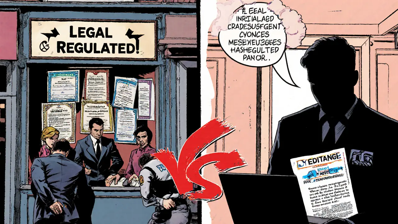 Comic-style split image showing legal sex work in Amsterdam versus an arrest at a Spanish massage parlor with coded ads.