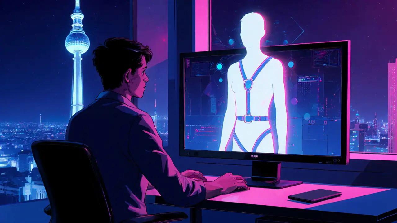 Cyber‑punk scene of a virtual companion avatar with a subtle BDSM hint, glowing Berlin skyline.