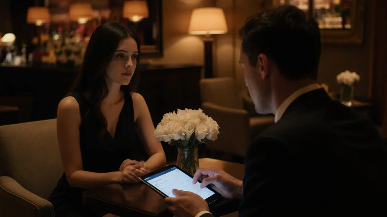 Discreet cafe table with a well‑dressed woman and a client using a virtual payment device under soft lighting.