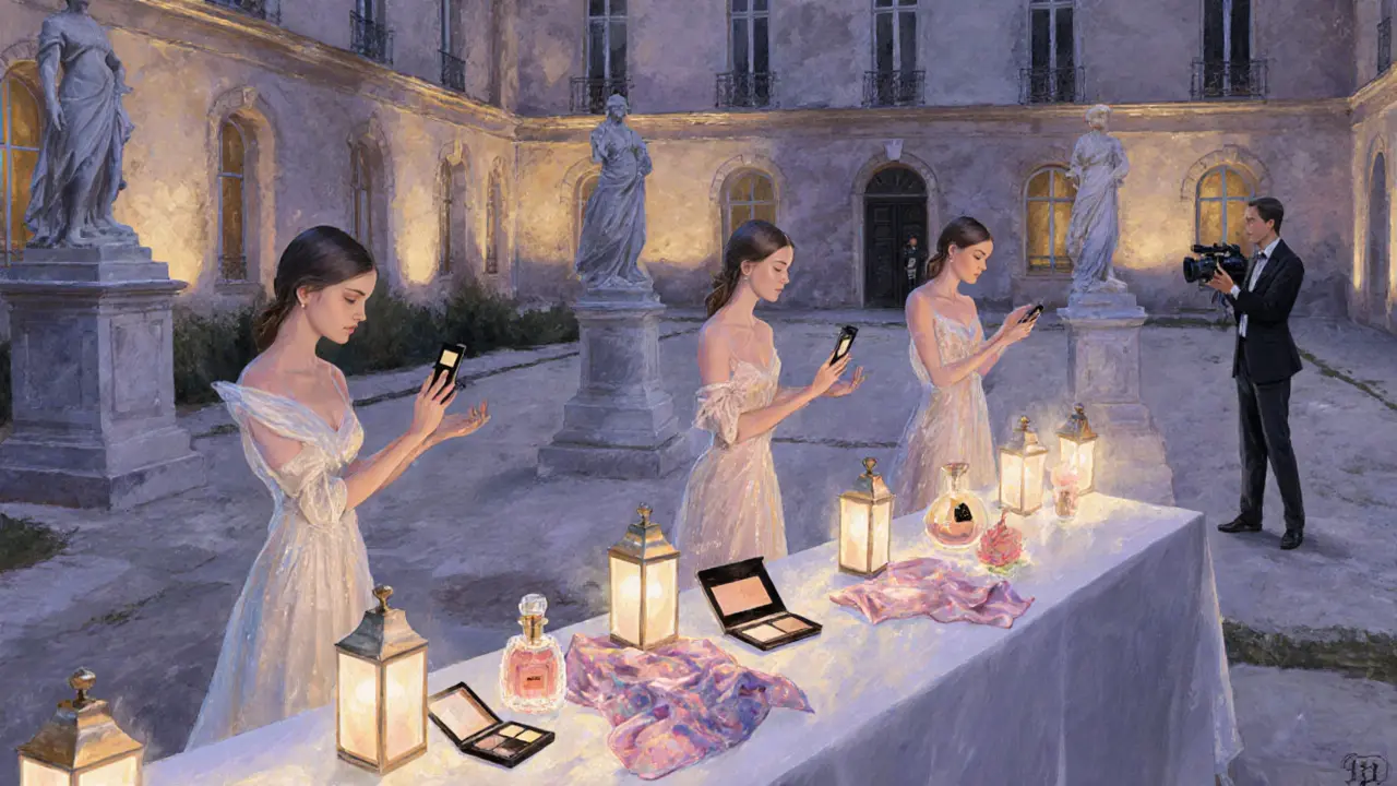 Elegant château courtyard scene with escorts testing luxury beauty products at twilight.