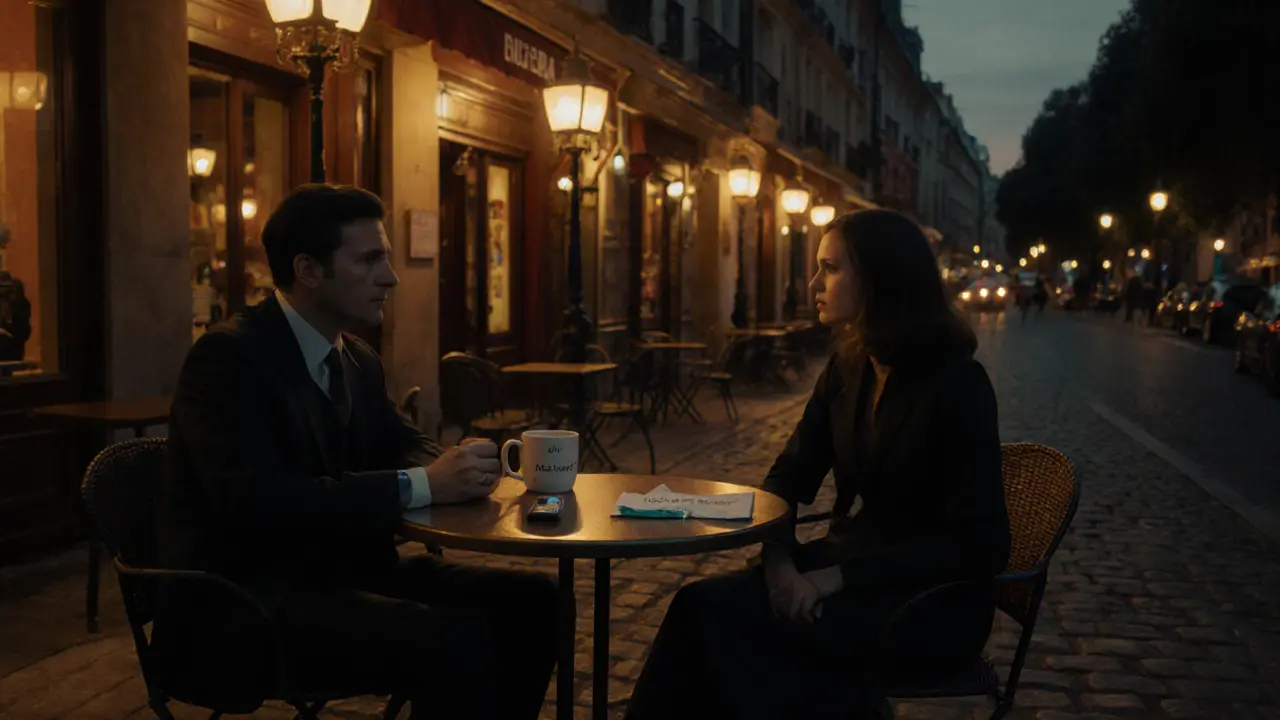 Evening café meeting in Paris with companion, safety items on the table.