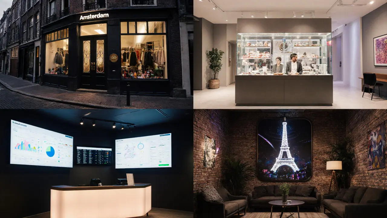 Four city scenes showing Amsterdam, Paris, London, and Berlin escort market settings.