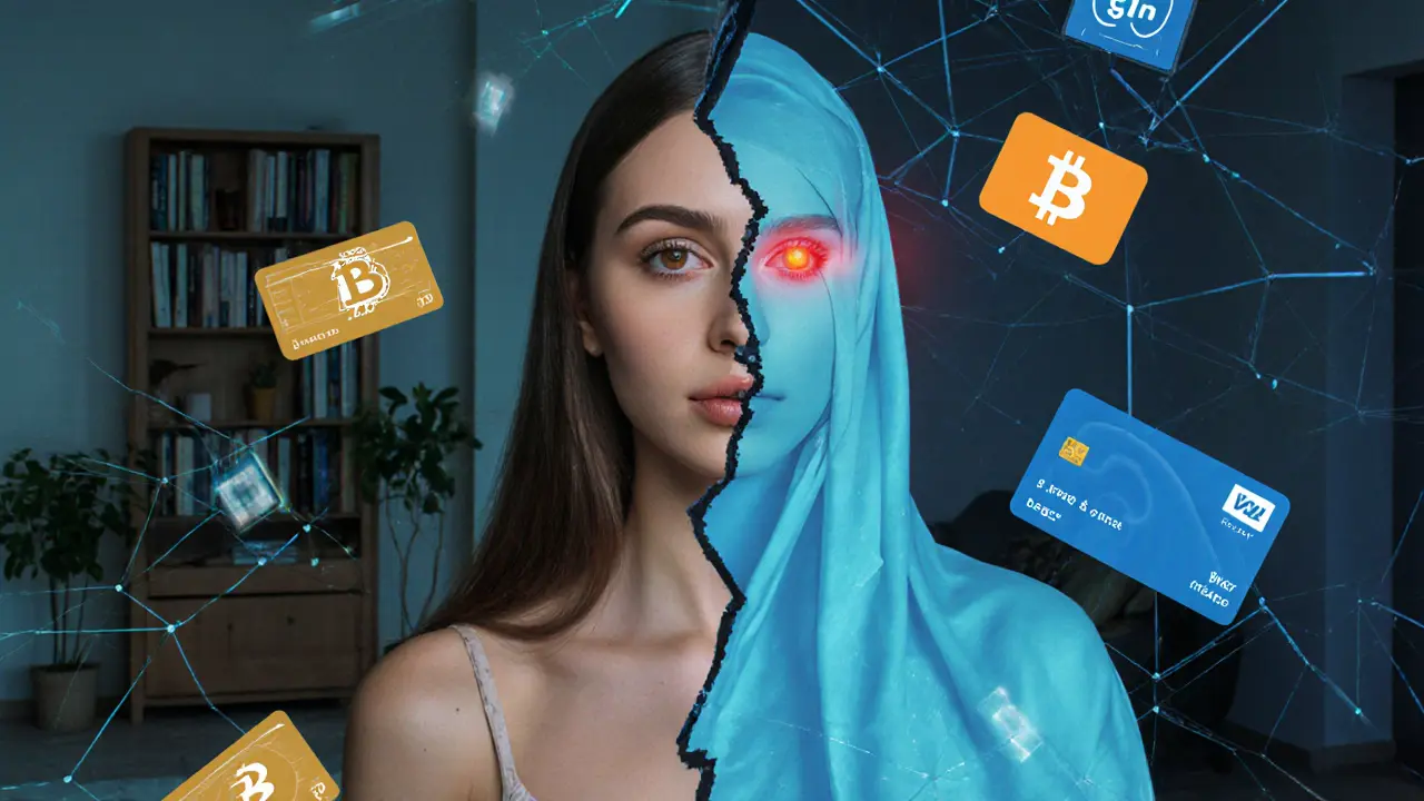 Fractured mirror showing a real woman on one side and an AI-generated ghost with payment icons on the other.
