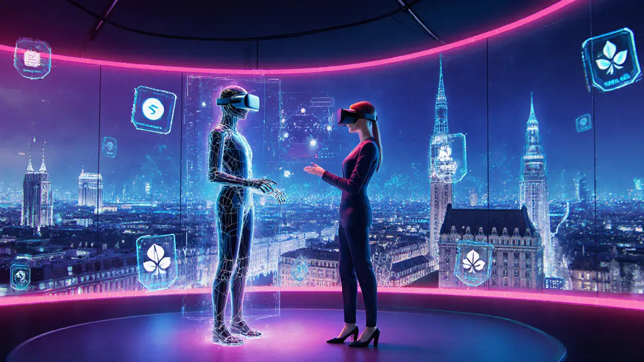 Futuristic VR lounge with holographic avatar, client in headset, sustainability icons.