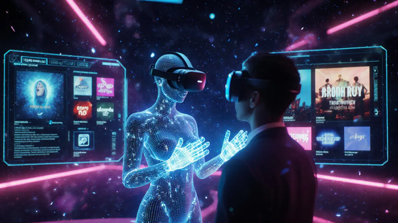 Futuristic VR lounge with holographic escort avatar interacting with a user.