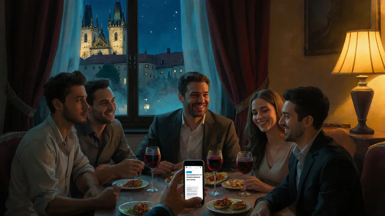 Group of men and a woman enjoying wine and tapas in a cozy Prague apartment at night.