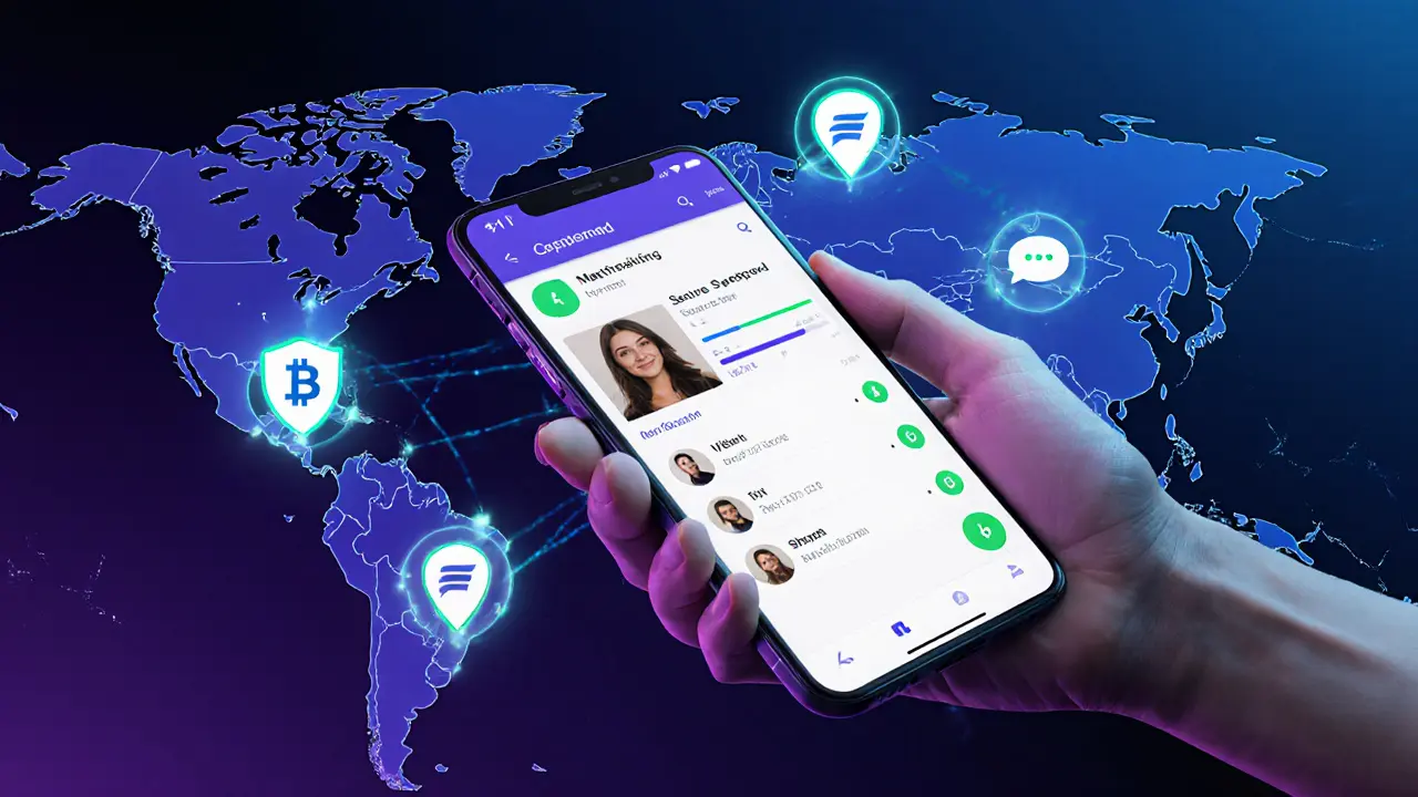 Hand holding smartphone with AI matchmaking app, secure payment and verification icons.