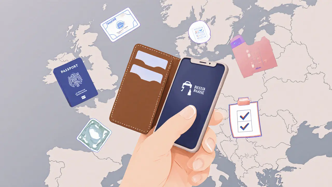 Hand holding wallet and phone with rideshare app and safety icons.