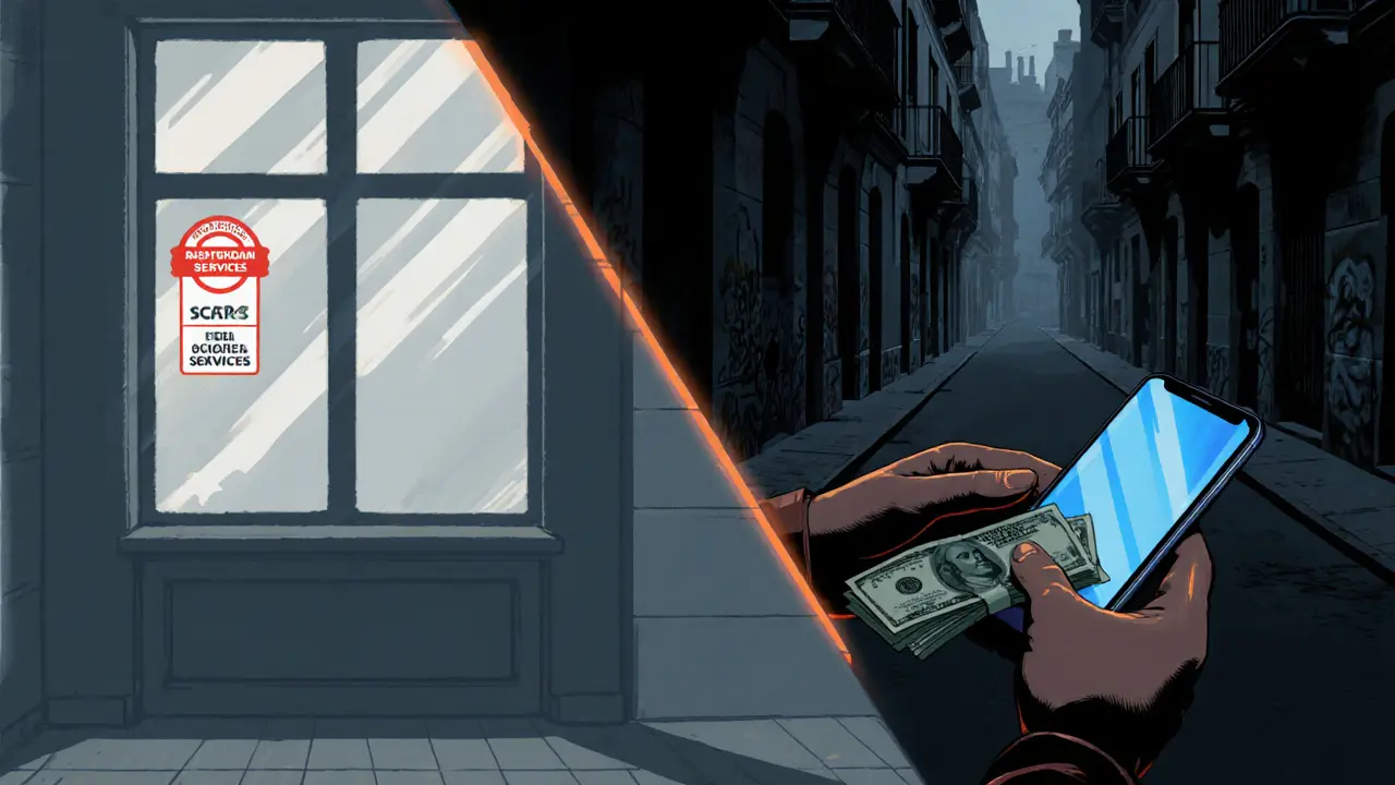 Hands exchanging cash beside a phone, with blurred city skylines representing regulated and underground settings.