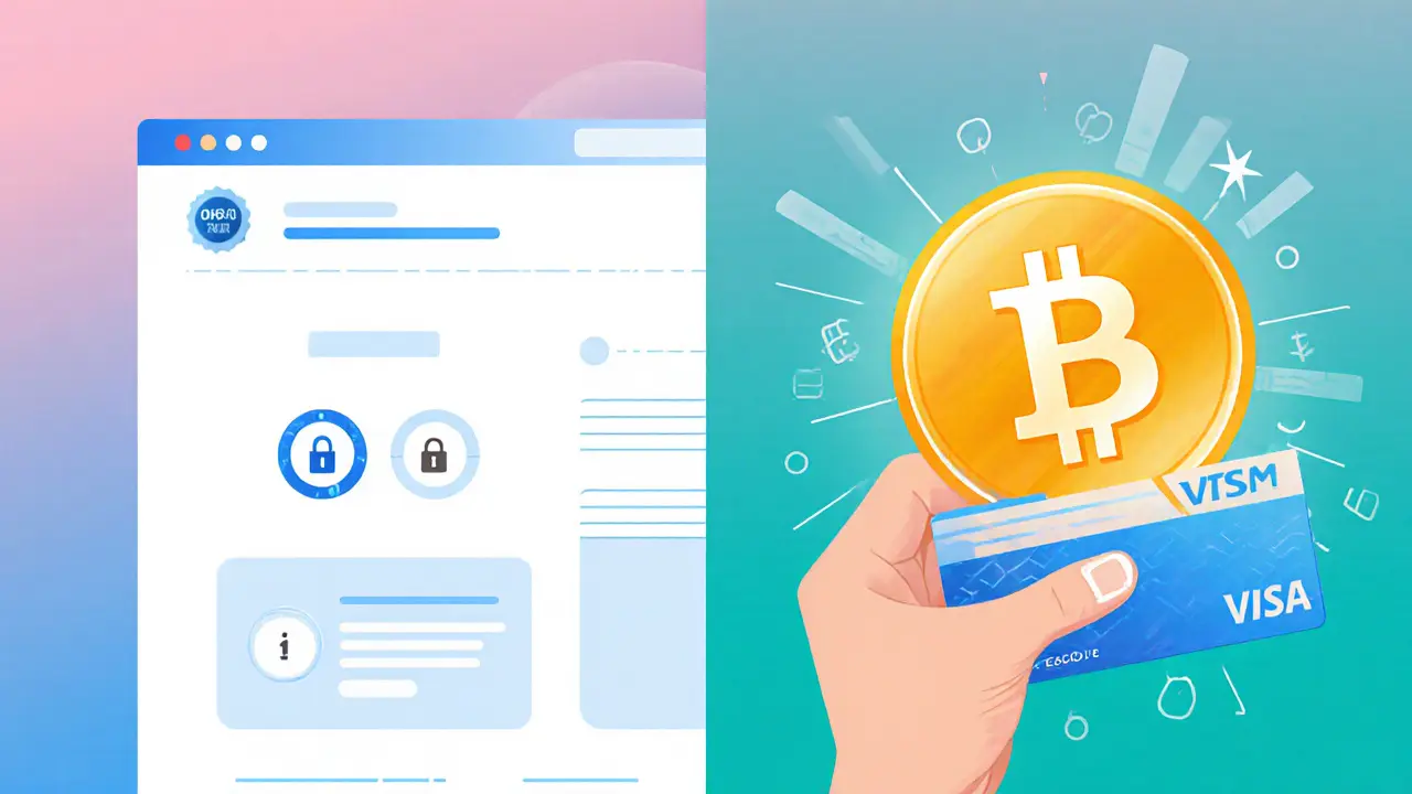 Illustration of secure booking platform icons next to virtual credit card and crypto logo.