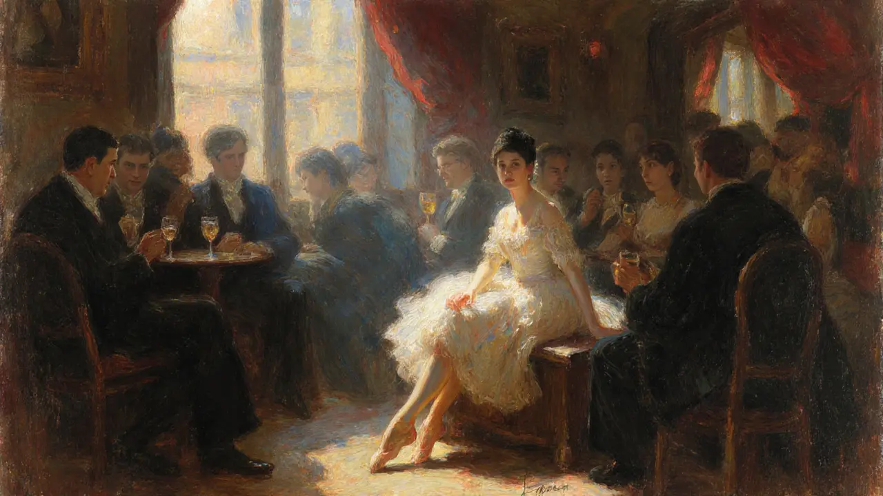Impressionist depiction of a Paris brothel with a dancer and patrons under gaslight.