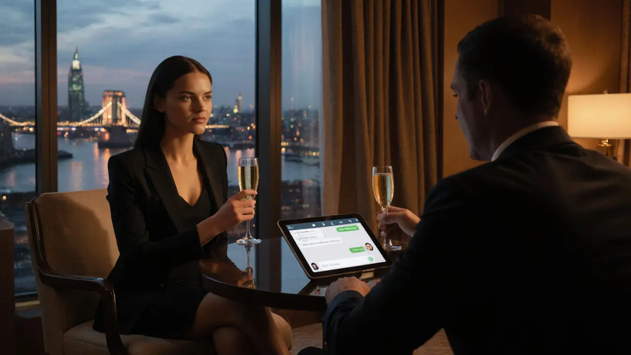 Luxurious hotel lounge scene with a well‑dressed companion and client sharing champagne.