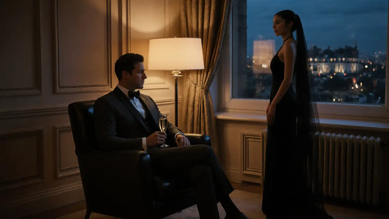 Luxurious hotel suite with a suited client and an elegant companion, champagne glass, Paris night view.