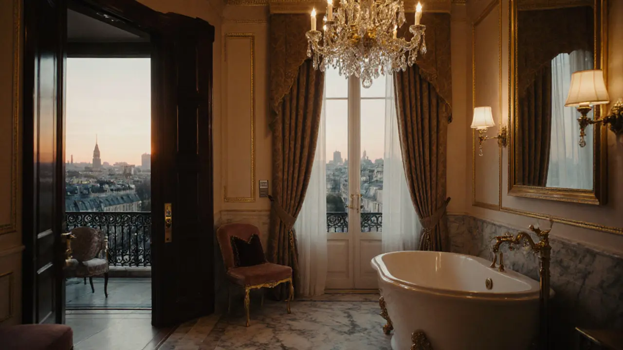Luxurious Ritz Paris suite interior with marble bathroom and private terrace at twilight.