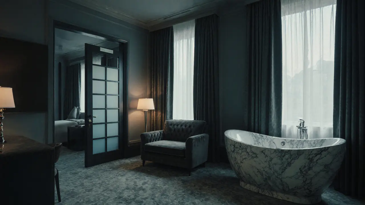 Luxurious soundproof suite interior with bathtub, private check‑in desk, and velvet sofa.