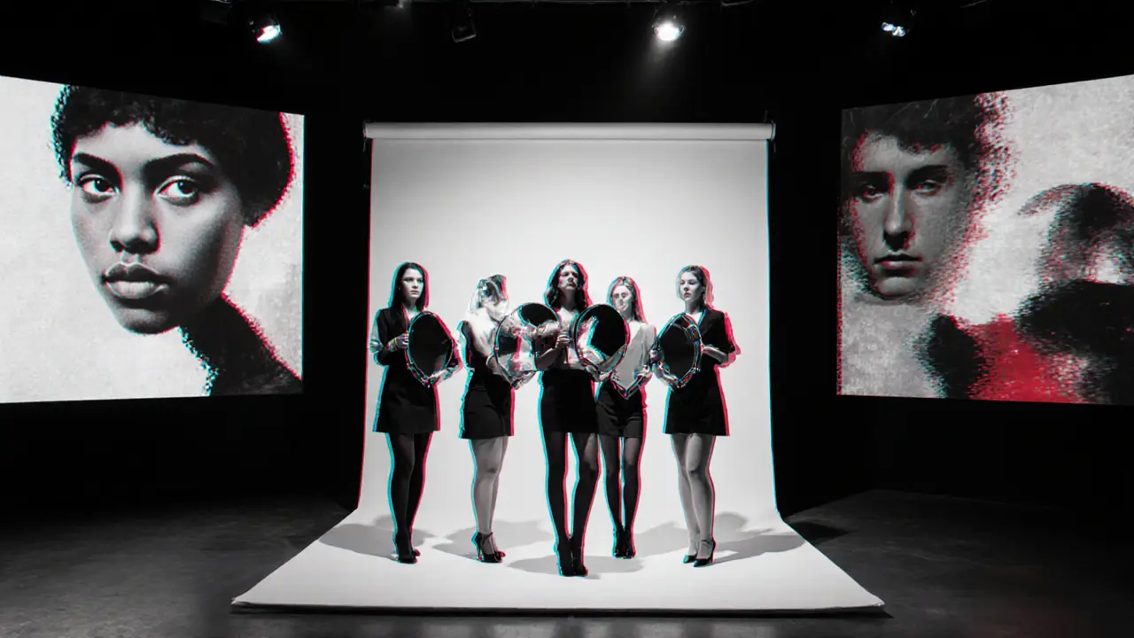 Modern gallery installation featuring escorts posing with mirrors and projected portraits.