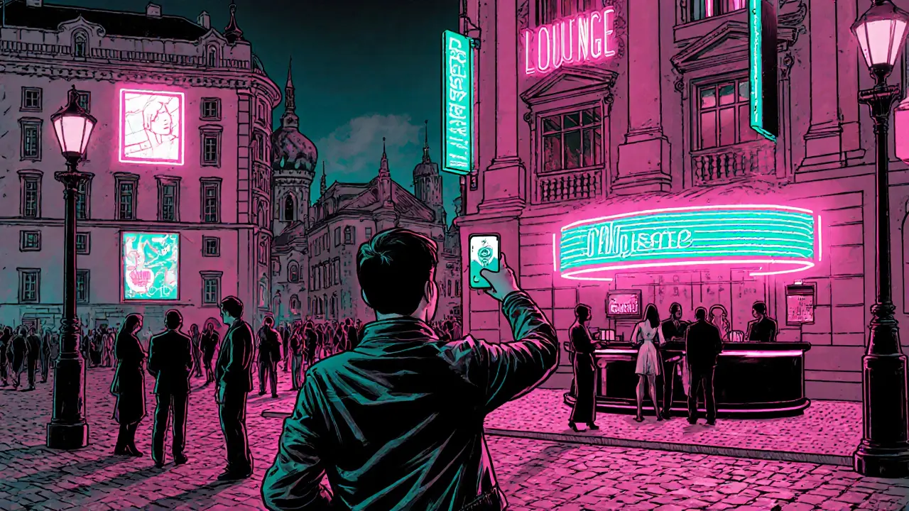 Nighttime Prague street scene with influencer taking a selfie near a lounge and companions.