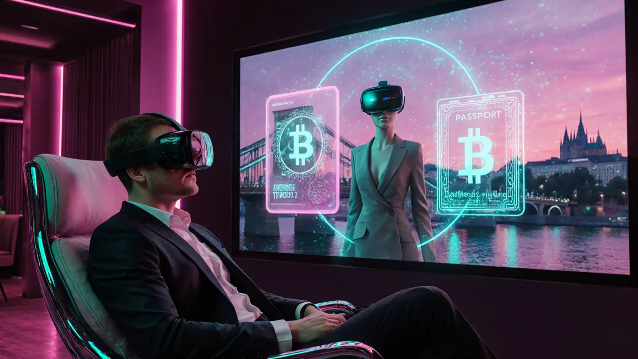 Person in VR headset viewing an avatar in a neon-lit lounge with blockchain symbols.