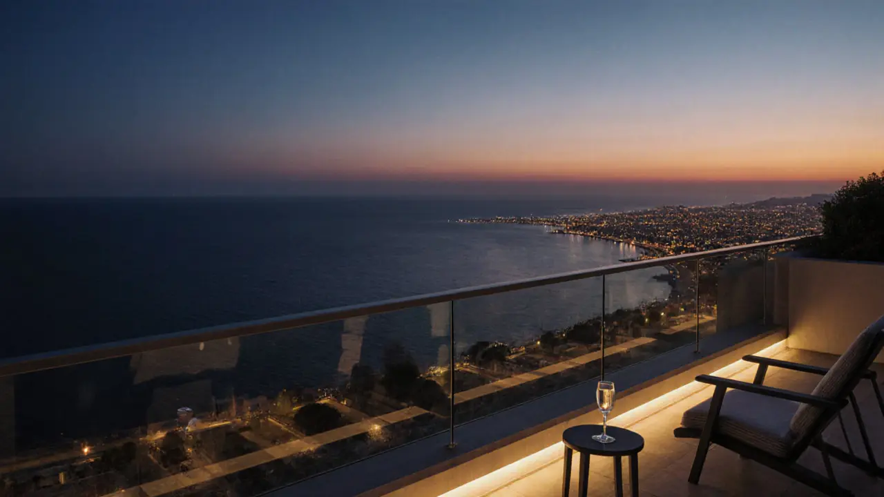 Private penthouse terrace in Barcelona overlooking the sea at sunset with champagne glass.