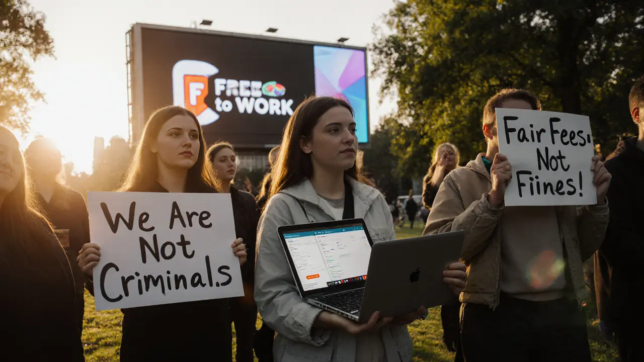 Sex workers holding signs in a park at sunrise, advocating for rights and fair treatment.
