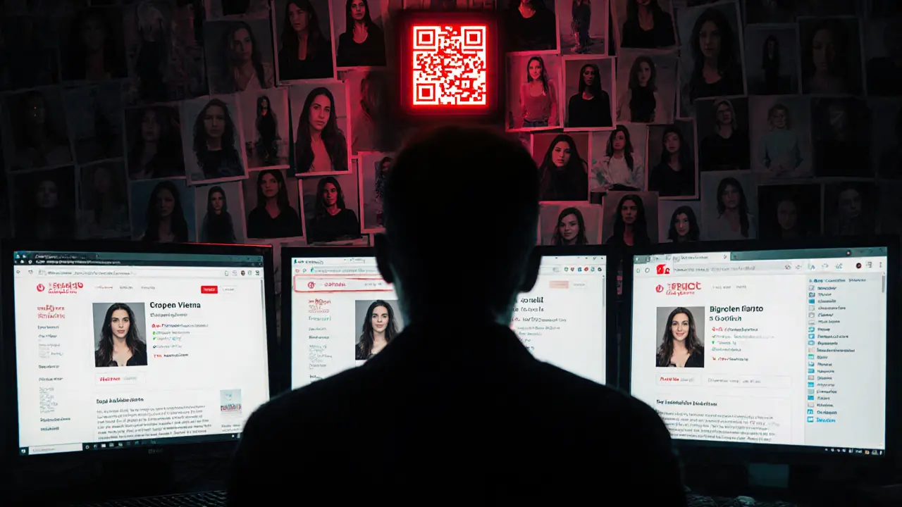 Shadowy scammer in a Bucharest apartment surrounded by multiple screens displaying fake profiles and crypto payment requests.