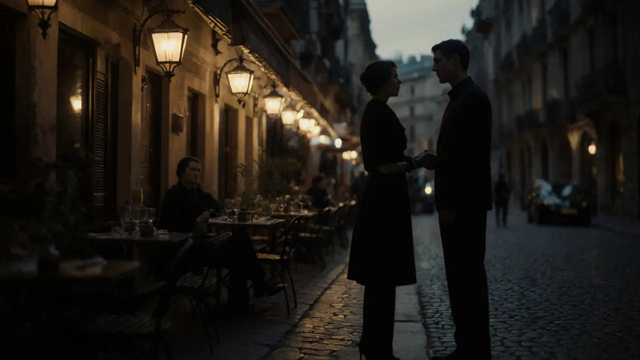 Silhouetted couple exchanging a discreet handshake near a lit café.