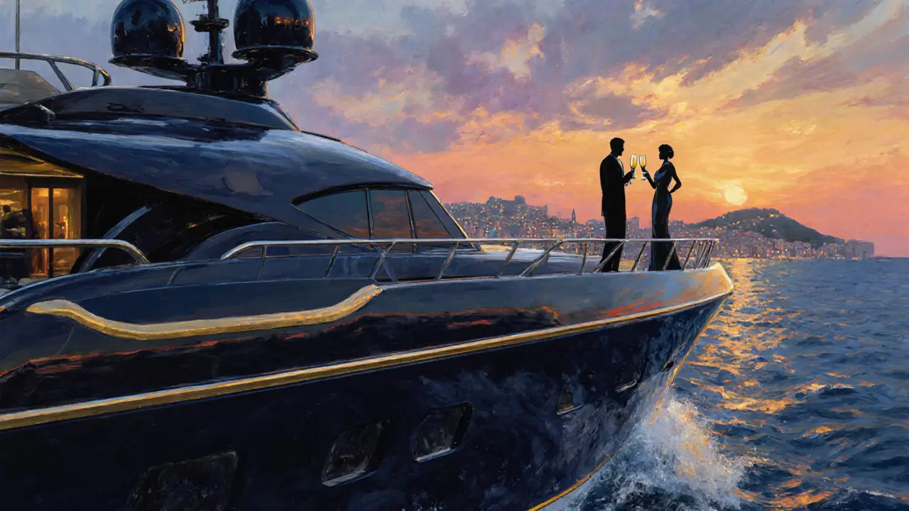 Silhouettes of a refined couple on a luxury yacht at sunset along the Monaco coast.