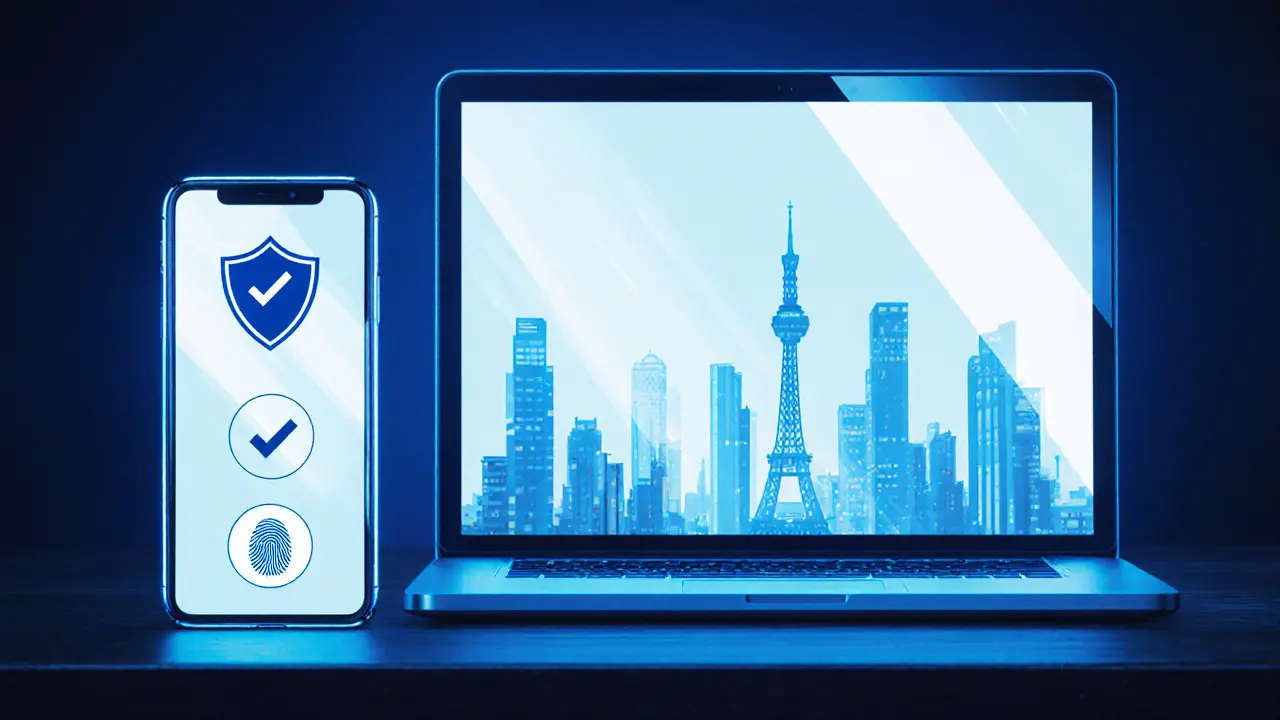 Smartphone and laptop showing abstract verification icons in a secure glow.