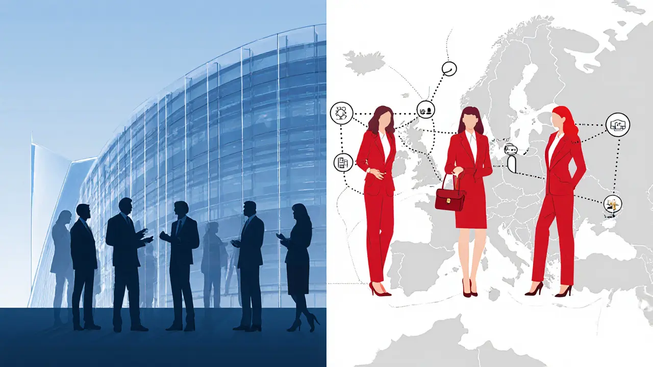 Split illustration showing parliament building and escort silhouettes linked by dotted lines.