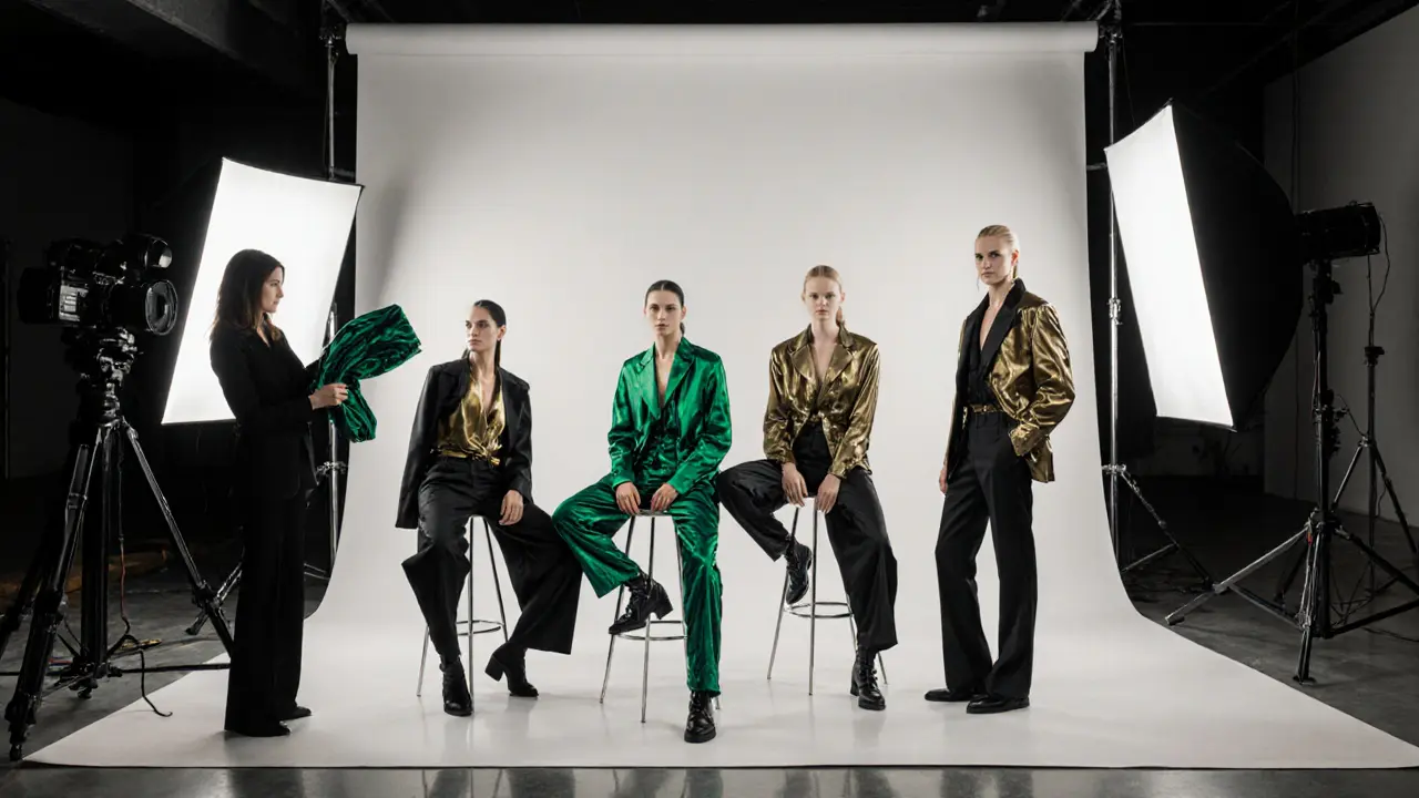 Studio photo of escorts modeling designer garments, providing feedback to a designer.