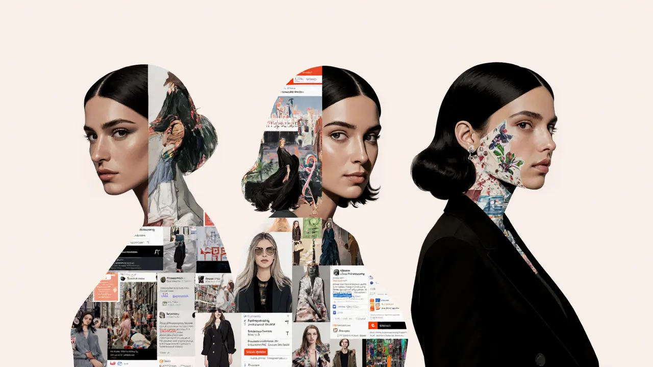 Three women whose silhouettes blend into fashion sketches and digital icons, symbolizing influence and agency.