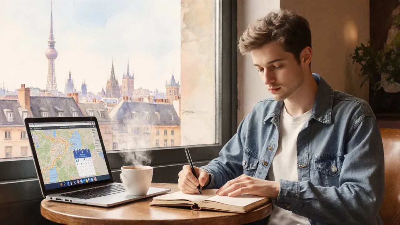 Traveler writing in a notebook at a coffee table, with soft city skyline outlines in the background.