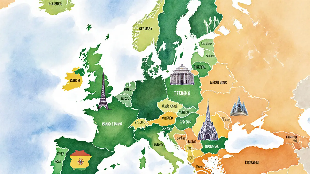 Watercolor map of Europe showing landmarks with colored glows indicating legal status.