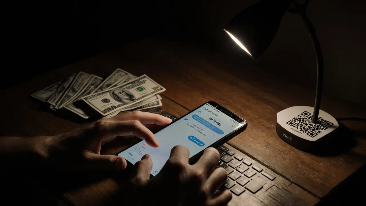 A burner phone and cash next to a Monero QR code on a wooden table, no faces visible.