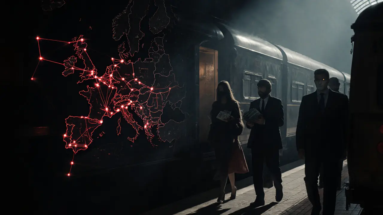 A dark map of Europe showing trafficking routes with shadowy figures and cash transactions.