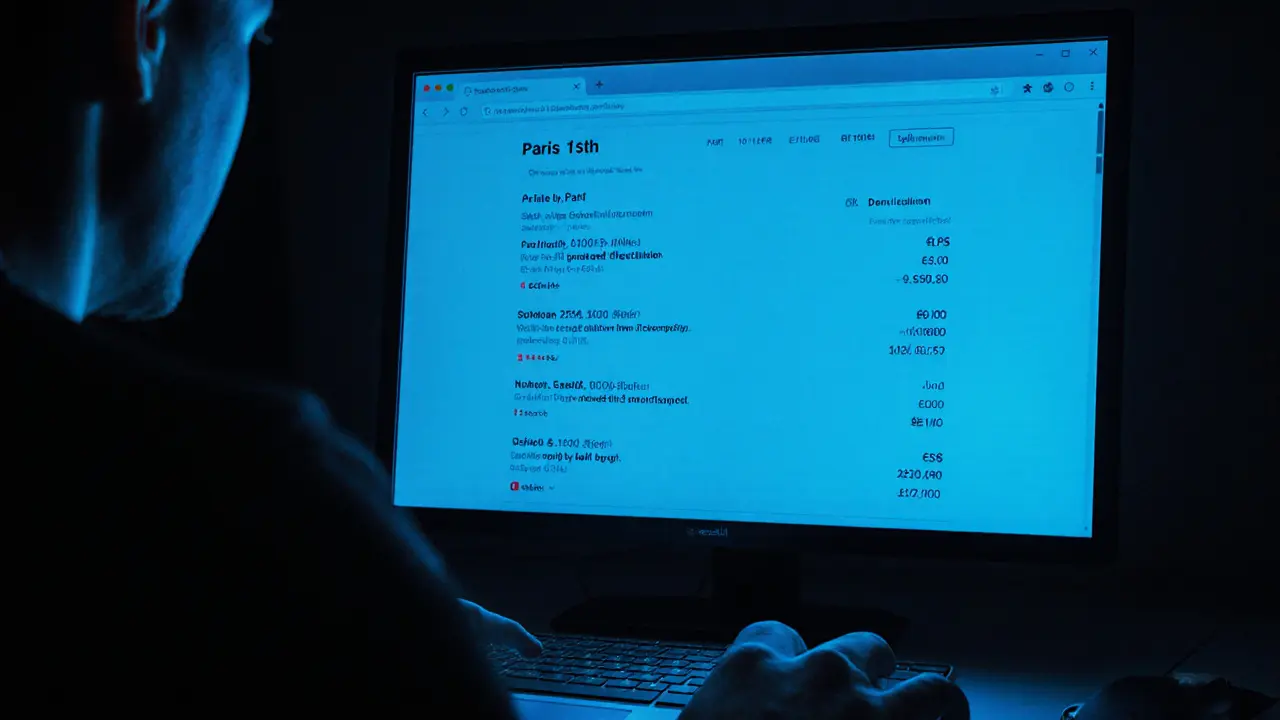 A dark room with a computer screen displaying coded adult service listings, no faces shown.