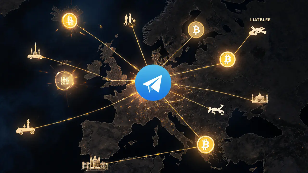 A digital map of Europe showing interconnected travel routes and crypto payments for mobile escort services.