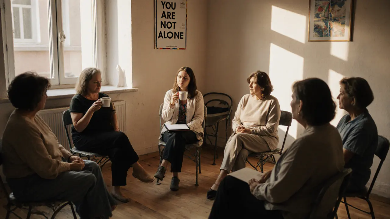 A group of women in a quiet support meeting, sharing space and silence in a community center.