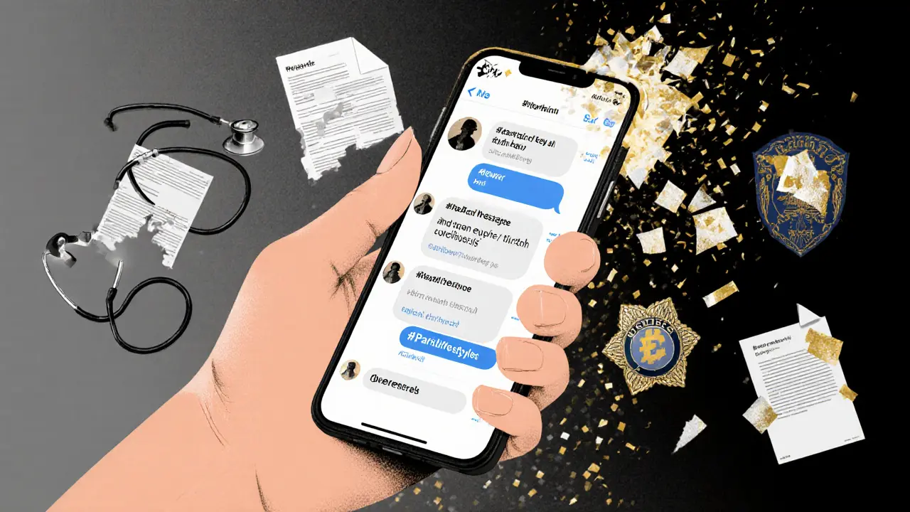 A hand holds a smartphone with encrypted messages, overlaid with symbols of healthcare, finance, and law dissolving into pixels.