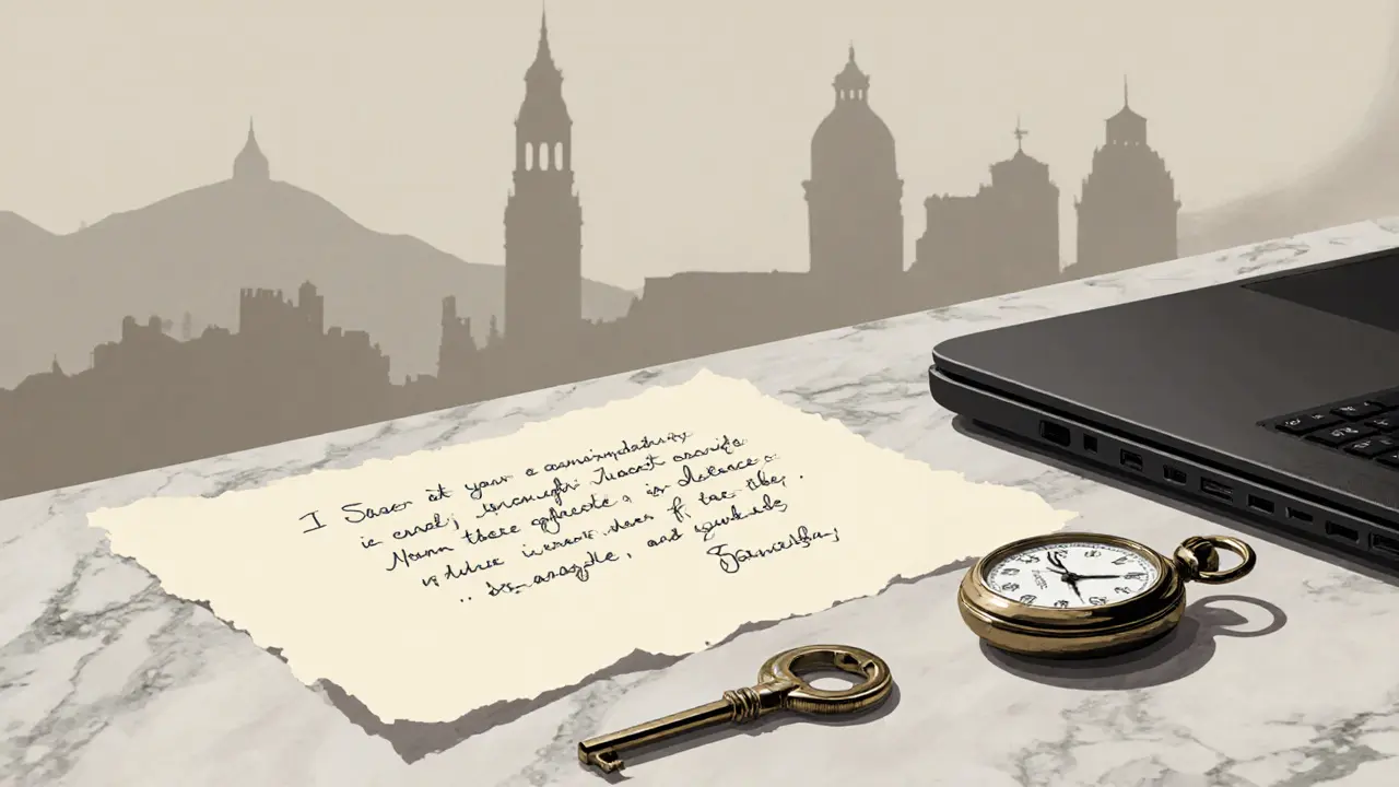 A handwritten note, key, and pocket watch on marble, symbolizing discretion and exclusivity.