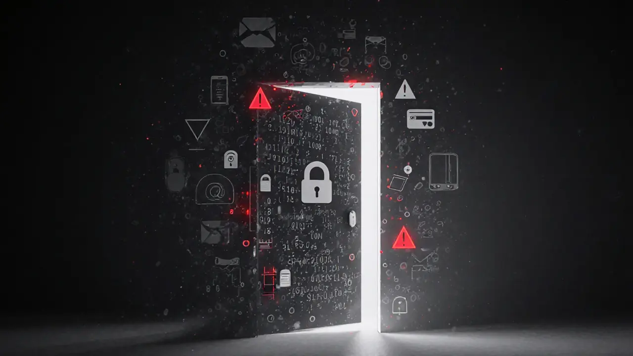 A locked door made of digital icons, partially open, surrounded by encrypted symbols and warning signs.