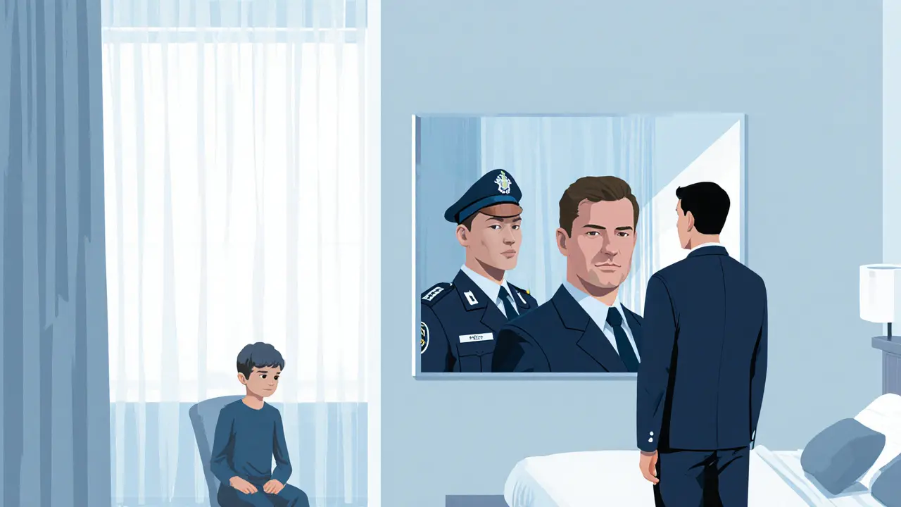A man sees his reflection in a mirror transformed into a police officer, trafficker, and child.