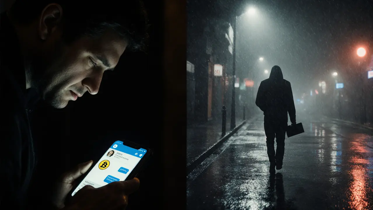 A man sending Bitcoin online while a shadowy figure walks away in the rain, symbolizing a scam.